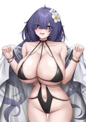 Rule 34 | 1girl, :d, absurdres, azur lane, bead bracelet, beads, black one-piece swimsuit, bracelet, breasts, collarbone, earrings, eyes visible through hair, flower, hair flower, hair ornament, hair over eyes, hands up, heart, heart-shaped pupils, highres, huge breasts, jewelry, long hair, looking at viewer, mogador (azur lane), mogador (locker room lechery) (azur lane), mole, mole on breast, official alternate costume, one-piece swimsuit, open mouth, purple eyes, see-through, simple background, smile, solo, swimsuit, symbol-shaped pupils, thigh gap, thighs, ueyama 0clock, white background