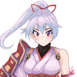Rule 34 | 1girl, 2018, armor, braid, breasts, closed mouth, fate/grand order, fate (series), hair ribbon, hori shin, japanese armor, japanese clothes, looking at viewer, medium breasts, ponytail, red eyes, red ribbon, ribbon, signature, silver hair, simple background, single braid, solo, tomoe (symbol), tomoe gozen (fate), upper body, white background