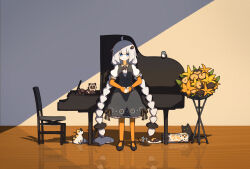 Rule 34 | 1girl, ahoge, bird, black cat, black dress, black footwear, black gloves, blue eyes, bracelet, braid, breasts, cat, closed mouth, different reflection, doughnut, dress, elbow gloves, fingerless gloves, food, full body, gloves, grand piano, hair ornament, highres, indoors, instrument, jewelry, kizuna akari, long hair, looking at viewer, mouse (animal), orange gloves, orange pantyhose, own hands together, oyasameme, pantyhose, piano, plate, puffy short sleeves, puffy sleeves, raccoon, reflection, shoes, short sleeves, small breasts, solo, standing, straight-on, stuffed animal, stuffed shark, stuffed toy, twin braids, very long hair, vocaloid, voiceroid, white hair, wooden floor