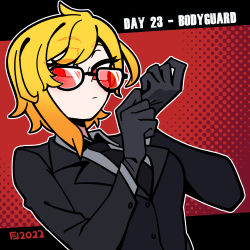 Rule 34 | 1girl, absurdres, adjusting clothes, adjusting gloves, alternate costume, artist logo, asymmetrical hair, black background, black gloves, black necktie, black suit, blonde hair, breasts, closed mouth, collared shirt, commentary, dated, dress shirt, english commentary, english text, expressionless, formal, glasses, glove pull, gloves, grey shirt, highres, hololive, hololive indonesia, iqbal fauzi, kaela kovalskia, long sleeves, looking at viewer, medium breasts, medium hair, necktie, outline, polka dot, polka dot background, red-tinted eyewear, red background, red eyes, shirt, simple background, solo, suit, tinted eyewear, upper body, virtual youtuber, wing collar