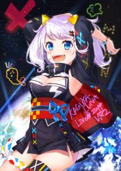 Rule 34 | 1girl, :d, armpits, arms up, asymmetrical legwear, black dress, black jacket, blue eyes, blush, breasts, character name, cleavage, cleavage cutout, clothing cutout, commentary request, dress, earth (planet), fangs, hair ornament, hairclip, highres, jacket, kaguya luna, large breasts, looking at viewer, obi, omelet tomato, open clothes, open jacket, open mouth, planet, red thighhighs, sash, short dress, silver hair, single thighhigh, sleeveless, sleeveless dress, smile, solo, space, star (sky), the moon studio, thighhighs, twintails, uneven legwear, virtual youtuber, x hair ornament