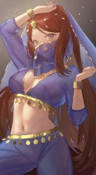 Rule 34 | 1girl, :d, arabian clothes, arm up, blue nails, blue pants, bracelet, breasts, brown eyes, circlet, cleavage, commentary request, commission, covered erect nipples, dancer, gradient background, grey background, highres, jewelry, jfjf, long hair, long sleeves, looking at viewer, medium breasts, midriff, mouth veil, nail polish, navel, open mouth, original, pants, parted bangs, red hair, see-through, skeb commission, smile, solo, stomach, veil, very long hair