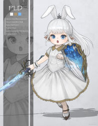 Rule 34 | 1girl, animal ears, blue eyes, dress, english text, fake animal ears, final fantasy, final fantasy xiv, flat chest, full body, glowing, glowing weapon, gold trim, high heels, highres, holding, holding shield, holding sword, holding weapon, lalafell, long bangs, looking at viewer, multiple views, open mouth, paladin (final fantasy), pointy ears, ponytail, puluie, rabbit ears, scrunchie, shadow, shield, simple background, standing, standing on one leg, sword, tiara, tiptoes, warrior of light (ff14), weapon, white dress, white hair, wrist scrunchie