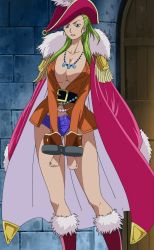Rule 34 | 1girl, bdsm, blue eyes, bondage, bound, breasts, cleavage, green hair, highres, large breasts, olive (one piece), one piece, short shorts, shorts