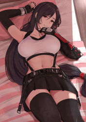 Rule 34 | 1girl, bare shoulders, belt, black gloves, black hair, black skirt, black thighhighs, blush, breasts, collarbone, elbow gloves, elbow pads, final fantasy, final fantasy vii, final fantasy vii remake, fingerless gloves, gloves, highres, large breasts, long hair, looking at viewer, low-tied long hair, lying, midriff, miyamoto issa, navel, on back, on bed, pillow, red eyes, shirt, skirt, smile, solo, suspender skirt, suspenders, tank top, taut clothes, taut shirt, thighhighs, thighs, tifa lockhart, white tank top