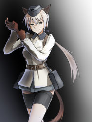 Rule 34 | 1girl, adjusting clothes, adjusting gloves, animal ears, bad id, bad pixiv id, belt, blonde hair, female focus, garrison cap, gloves, gradient background, hanna rudel, hat, long hair, military, military uniform, ponytail, scar, skirt, smile, solo, strike witches, strike witches: suomus misfits squadron, tail, thighhighs, ulrich (tagaragakuin), uniform, world witches series, yellow eyes