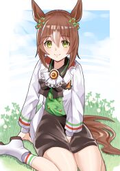 Rule 34 | 1girl, animal ears, between legs, black bow, black skirt, bow, brown hair, buttons, closed mouth, clover hair ornament, double-breasted, fine motion (umamusume), grass, green eyes, green shirt, hair between eyes, hair ornament, hand between legs, highres, horse ears, horse girl, horse tail, jacket, long sleeves, looking at viewer, multicolored hair, on ground, shirt, short hair, sitting, skirt, smile, socks, solo, streaked hair, tail, tawashi hechima, umamusume, wariza, white footwear, white hair, white jacket, white socks
