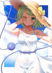 Rule 34 | 1girl, ;), absurdres, alternate costume, bare arms, bare shoulders, blue sky, border, bow, breasts, brown hat, cowboy shot, day, dress, green eyes, green hair, hat, hat bow, head tilt, highres, indica, komeiji koishi, looking at viewer, medium breasts, one eye closed, outdoors, short hair, sky, smile, solo, summer, sun hat, sundress, third eye, touhou, white border, white dress, yellow bow