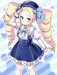 Rule 34 | 1girl, bare arms, beatrice (re:zero), blonde hair, blue background, blue dress, blue eyes, blue ribbon, blush, closed mouth, dress, drill hair, feet out of frame, frilled dress, frills, hair ribbon, long hair, looking at viewer, multicolored background, re:zero kara hajimeru isekai seikatsu, ribbon, s (hdru2332), salute, sidelocks, smile, solo, standing, striped background, symbol-shaped pupils, twin drills, white background, wrist cuffs