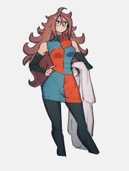 Rule 34 | 1girl, android 21, black sleeves, checkered clothes, checkered dress, detached sleeves, dragon ball, dragon ball fighterz, dress, glasses, grey background, kemachiku, lab coat, long hair, looking away, looking to the side, simple background, solo, standing