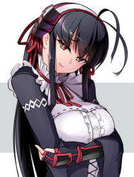 Rule 34 | 1girl, ahoge, arm guards, black hair, blush, breasts, hawe king, large breasts, long hair, long sleeves, looking at viewer, original, parted lips, red eyes, solo, upper body, witch