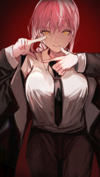 Rule 34 | 1girl, black jacket, black necktie, black pants, braid, breasts, chainsaw man, closed mouth, collared shirt, commentary request, finger frame, hair between eyes, highres, jacket, long hair, long sleeves, looking at viewer, makima (chainsaw man), medium breasts, necktie, open clothes, open jacket, pants, pink hair, red background, shirt, single braid, smile, solo, tarbo (exxxpiation), white shirt, yellow eyes