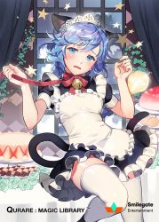 Rule 34 | 1girl, animal ears, apron, aqua flower, aqua rose, argyle, arms up, bell, belt collar, black dress, black footwear, blue eyes, blue hair, blush, bow, braid, breasts, cake, cake stand, cat ears, cat girl, cat tail, checkerboard cookie, cherry blossom cookie (food), cloud, cloudy sky, collar, company name, cookie, copyright name, curtains, d:, dress, flower, food, frilled apron, frilled dress, frills, fruit, furrowed brow, gearous, glint, holding, holding leash, indoors, ivy, jingle bell, leash, leash pull, leg up, light bulb, lips, long hair, looking at viewer, maid apron, maid headdress, miu (qurare), neck bell, night, night sky, official art, open mouth, puffy short sleeves, puffy sleeves, qurare magic library, red bow, red collar, rose, round table, shoes, short dress, short sleeves, single braid, sky, sleeve cuffs, small breasts, solo, standing, standing on one leg, star (symbol), strawberry, strawberry shortcake, swept bangs, table, tablecloth, tail, tearing up, tears, text focus, thighhighs, tiered tray, wavy mouth, white apron, white thighhighs, window