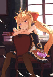 Rule 34 | 10s, 1girl, absurdres, alternate hairstyle, atg (wttoo0202), black pantyhose, blonde hair, blunt bangs, blush, book, book stack, bow, cagliostro (granblue fantasy), chair, closed mouth, crown, granblue fantasy, hair bow, highres, indoors, long hair, looking at viewer, pantyhose, ponytail, purple eyes, red bow, sidelocks, sitting, sitting backwards, sleeveless, smile, solo, vial, window