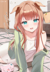 Rule 34 | 1girl, absurdres, alternate costume, animal ears, blue eyes, blurry, blurry background, blush, can, carpet, casual, collarbone, highres, horse ears, horse girl, horse tail, jacket, kabu usagi, looking at viewer, open mouth, orange hair, silence suzuka (umamusume), solo, squeans, tail, translation request, umamusume