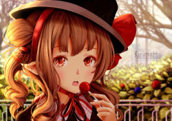 Rule 34 | 1girl, :o, artist name, bare tree, black hat, blush, brown hair, bush, candy, choker, day, fence, food, hat, highres, holding, holding food, kirimatsu, lollipop, looking at viewer, open mouth, original, outdoors, park, plant, pointy ears, red eyes, red ribbon, ribbon, ribbon choker, solo, sunlight, sweets, top hat, tree, upper body, watermark, wavy hair, web address