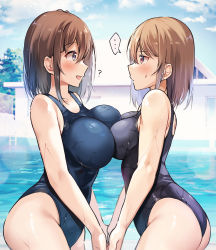 Rule 34 | ..., 2girls, ?, ass, asymmetrical docking, bare shoulders, blue eyes, blue one-piece swimsuit, blush, breast press, breasts, brown hair, commentary request, from side, highres, large breasts, medium hair, multiple girls, one-piece swimsuit, original, outdoors, parted lips, pool, red eyes, shiro kuma shake, siblings, sisters, smile, spoken ellipsis, swimsuit