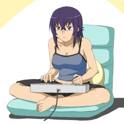 Rule 34 | 1girl, arcade stick, barefoot, camisole, casual, chair, controller, crossed bangs, enderspain, full body, game controller, highres, indian style, joystick, long hair, original, pillow, playing games, purple eyes, purple hair, shorts, simple background, sitting, solo, tank top, yome (enderspain), zokubutsu