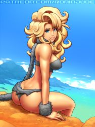 Rule 34 | 1girl, aqua eyes, artist name, ass, ayla (chrono trigger), bare shoulders, blonde hair, blue background, blue sky, breasts, butt crack, caveman, chrono trigger, cloud, cloudy sky, commentary, covered erect nipples, day, english commentary, grin, horizon, lips, long hair, looking at viewer, looking back, medium breasts, nose, ocean, outdoors, paid reward available, paid reward available, ronindude, sitting, sky, smile, solo, water, watermark, web address