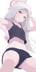 Rule 34 | 1girl, armpits, black shorts, black tank top, blue archive, flat chest, halo, highres, hiroki (yyqw7151), long hair, looking at viewer, mutsuki (blue archive), panties under shorts, pink eyes, red halo, shorts, simple background, sleeveless, smile, solo, tank top, towel, towel on head, white background