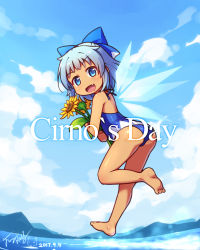 Rule 34 | ass, bare back, bare shoulders, barefoot, blush, bow, character name, cirno, cloud, cloudy sky, dark-skinned female, dark skin, dated, day, fang, flower, from behind, hair bow, highres, holding, langbazi, looking at viewer, one-piece swimsuit, open mouth, signature, sky, smile, solo, sunflower, swimsuit, tan, tanned cirno, touhou, water, wings