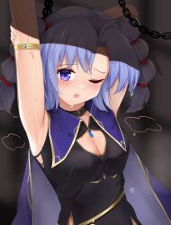 Rule 34 | 1girl, ;o, absurdres, ahoge, ameno sagiri (artist), arm up, armlet, armpits, asymmetrical bangs, black choker, black dress, breasts, cape, chain, choker, cleavage, commentary request, crossed bangs, curtained hair, dot nose, dress, fire emblem, fire emblem: genealogy of the holy war, gold trim, highres, looking at viewer, medium breasts, multi-tied hair, nintendo, one eye closed, purple cape, purple eyes, purple hair, short hair, solo, sweat, tine (fire emblem), twintails, wet