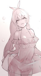 Rule 34 | 1girl, absurdres, bare shoulders, collarbone, covered navel, cowboy shot, dress, hair between eyes, hair ribbon, half-closed eyes, head tilt, highres, hololive, hololive english, kana616, long hair, looking at viewer, monochrome, nanashi mumei, off-shoulder dress, off shoulder, open mouth, panties, ponytail, ribbon, see-through, skirt hold, solo, standing, underwear, very long hair, virtual youtuber, wavy mouth
