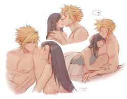 Rule 34 | ..., 1boy, 1girl, bare shoulders, black hair, blonde hair, blue eyes, blush, breasts, closed eyes, cloud strife, collarbone, commentary request, couple, cropped torso, dated, ear blush, eye contact, final fantasy, final fantasy vii, final fantasy vii ever crisis, final fantasy vii remake, from side, girl on top, grey tank top, heart, hetero, kiss, kissing cheek, large breasts, linono, long hair, looking at another, lying, multiple views, muscular, muscular male, nude, on back, on stomach, one eye closed, pectorals, red eyes, short hair, signature, single sidelock, sleeping, sleeping on person, speech bubble, spiked hair, spoken heart, swept bangs, tank top, tifa lockhart, toned, toned male, topless male, under covers, white background
