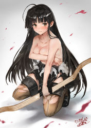 Rule 34 | 1girl, ahoge, black hair, black skirt, blush, bow (weapon), breast hold, breasts, brown eyes, closed mouth, covering privates, covering breasts, full body, gradient background, hachimaki, hair in own mouth, headband, highres, japanese clothes, kantai collection, large breasts, long hair, looking at viewer, low-tied long hair, pleated skirt, shadow, shouhou (kancolle), skirt, toka (marchlizard), torn clothes, torn legwear, weapon