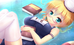 Rule 34 | 10s, 1girl, blonde hair, book, breasts, glasses, hat, i-8 (kancolle), innertube, kane-neko, kantai collection, large breasts, long hair, lying, one-piece swimsuit, personification, school swimsuit, semi-rimless eyewear, smile, solo, swim ring, swimsuit, thighhighs, twintails, water