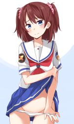 Rule 34 | 1girl, 3:, absurdres, blue eyes, blue skirt, blush, brown hair, closed mouth, clothes lift, collarbone, commentary request, gluteal fold, groin, hair between eyes, hair ornament, hair scrunchie, head tilt, high school fleet, highres, kapatarou, lifting own clothes, neckerchief, ogasawara hikari, panties, panty pull, pink scarf, pleated skirt, pulling own clothes, red neckerchief, sailor collar, scarf, school uniform, scrunchie, serafuku, shirt, short sleeves, skirt, skirt lift, solo, two side up, underwear, white panties, white sailor collar, white shirt