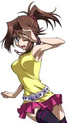 Rule 34 | 1girl, alternate costume, alternate hairstyle, arm up, armpits, bare shoulders, blue eyes, bracelet, breasts, brown hair, hair ornament, hair scrunchie, jewelry, mazaki anzu, necklace, official art, one eye closed, open mouth, pink skirt, ponytail, scrunchie, shiny skin, shirt, skirt, sleeveless, solo, sweatdrop, thighhighs, transparent background, yellow shirt, yu-gi-oh!, yu-gi-oh! duel links, zettai ryouiki