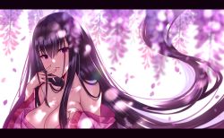 Rule 34 | 1girl, breasts, cleavage, fate/grand order, fate (series), fingerless gloves, floral print, gloves, heiyan shenshi, highres, japanese clothes, kimono, large breasts, letterboxed, long hair, murasaki shikibu (fate), off shoulder, petals, purple eyes, purple hair, solo, very long hair