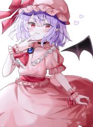 Rule 34 | 1girl, ascot, bat wings, blush, bow, brooch, choker, collared dress, dress, fang, frilled dress, frills, hat, heart, highres, jewelry, large bow, looking at viewer, mob cap, mob cap, pink dress, pointy ears, purple hair, red eyes, remilia scarlet, shinonome (ichigotsuki), short hair, short sleeves, simple background, smile, solo, touhou, v, white background, wings, wrist cuffs