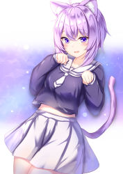 Rule 34 | 1girl, :d, ahoge, animal ear fluff, animal ears, arms up, breasts, cat ears, cat girl, cat tail, hair between eyes, highres, hololive, long sleeves, looking at viewer, medium breasts, multicolored background, nekomata okayu, nekomata okayu (casual), open mouth, paw pose, pleated skirt, purple background, purple eyes, purple hair, purple shirt, sailor collar, school uniform, serafuku, shirt, short hair, simple background, skirt, smile, solo, tail, virtual youtuber, white background, white sailor collar, white skirt, yuano