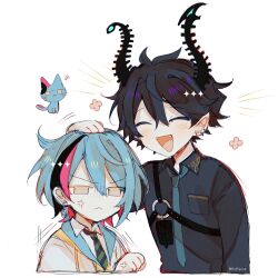 Rule 34 | 2boys, :&lt;, :d, ^ ^, anger vein, angry, animalization, artist name, black hair, black horns, black shirt, blue hair, blue necktie, blush, breast pocket, cat, closed eyes, closed mouth, collared shirt, commentary, cropped torso, diagonal-striped clothes, diagonal-striped necktie, drawstring, dress shirt, earrings, english commentary, fangs, floffyusa, flower (symbol), frown, hair between eyes, hand on another&#039;s head, hand up, highres, hood, hood down, hoodie, horns, jacket, jewelry, kyo kaneko, long sleeves, male focus, medium hair, multicolored hair, multiple boys, multiple earrings, necktie, nijisanji, nijisanji en, notice lines, o-ring, open mouth, pink hair, pocket, pointy ears, ren zotto, shirt, sidelocks, simple background, single earring, smile, streaked hair, striped clothes, striped necktie, stud earrings, twitter username, upper body, v-shaped eyebrows, virtual youtuber, white background, white jacket, white shirt, wing collar, yellow eyes