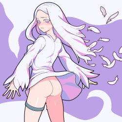 Rule 34 | 1girl, ass, breasts, feathers, highres, long hair, long sleeves, looking at viewer, looking back, medium breasts, nakanishimula, no pupils, original, pink nails, purple background, purple eyes, pussy juice, shirt, standing, thigh strap, white background, white hair, white shirt