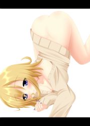 Rule 34 | 1girl, ass, blonde hair, blue eyes, blush, bottomless, highres, letterboxed, nail polish, original, short hair, solo, sweater, top-down bottom-up, yoye (pastel white)