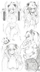 Rule 34 | 1girl, animal ears, arknights, blush, breasts, buchi k018, clenched hands, clothes around waist, exercising, feater (arknights), greyscale, highres, holding hands, hood, hoodie, large breasts, mask, mask pull, midriff, monochrome, mouth mask, panda, panda ears, panda hat, ponytail, sports bra, sweat, twintails