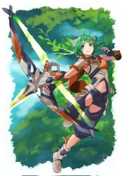 Rule 34 | 1girl, animal ears, armor, blue eyes, boots, border, bow (weapon), braid, branch, breastplate, breasts, cat ears, clothing cutout, crotchless, crotchless pants, energy weapon, frown, green hair, highres, juniper (xenoblade), karian909, leg up, navel, outstretched arm, pants, pauldrons, short hair, short shorts, shorts, shoulder armor, side braid, single pauldron, small breasts, solo, stomach cutout, tree, weapon, white border, xenoblade chronicles (series), xenoblade chronicles 3