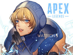 Rule 34 | 1girl, animification, apex legends, blonde hair, blue gloves, character name, electricity, facial scar, gloves, highres, hood, hood up, jacket, lichtenberg figure, looking at viewer, mizutama (mao11260510), open mouth, orange jacket, own hands together, scar, scar on cheek, scar on face, solo, upper body, wattson (apex legends)