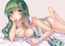 Rule 34 | 1girl, ass, bare shoulders, barefoot, bed sheet, blush, bra, breast press, breasts, butt crack, cameo, cleavage, cucumber, dated, digital media player, earbuds, earphones, eating, female focus, food, frilled bra, frilled panties, frills, frog hair ornament, green eyes, green hair, hair ornament, hair tubes, kawashiro nitori, kochiya sanae, large breasts, long hair, looking at viewer, lying, matching hair/eyes, mouth hold, on stomach, open clothes, panties, pocky, signature, snake hair ornament, solo, touhou, underwear, walzrj