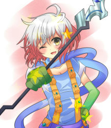 Rule 34 | 1girl, ahoge, bad id, bad pixiv id, blue shirt, blush, gloves, hand on own hip, hip focus, messy hair, multicolored hair, overalls, pascal (tales), red hair, sadomochi, scarf, shirt, short hair, smile, solo, tales of (series), tales of graces, wand, white hair, yellow eyes