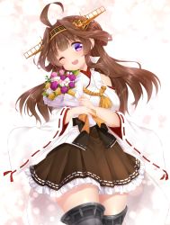 Rule 34 | 1girl, absurdres, ahoge, boots, bouquet, brown hair, brown skirt, commentary request, detached sleeves, double bun, flower, frilled skirt, frills, hair bun, hairband, hakama, hakama short skirt, hakama skirt, headgear, highres, japanese clothes, kanda kaname, kantai collection, kongou (kancolle), kongou kai ni (kancolle), long hair, one eye closed, open mouth, pleated skirt, popped collar, purple eyes, ribbon-trimmed sleeves, ribbon trim, round teeth, skirt, smile, solo, teeth, thigh boots, thighhighs, upper teeth only
