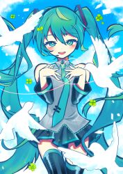 Rule 34 | 1girl, :d, aqua eyes, aqua hair, bird, blush, clover, cowboy shot, detached sleeves, dove, four-leaf clover, hair ornament, hands on own chest, hatsune miku, highres, long hair, looking at viewer, monitaros 393, nail polish, necktie, open mouth, outdoors, sky, smile, solo, thighhighs, twintails, very long hair, vocaloid, dove, wings