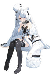 Rule 34 | 1girl, absurdres, azur lane, bare shoulders, black footwear, black ribbon, black scarf, black thighhighs, blush, breasts, breath, cleavage, coat, cone hair bun, double bun, dress, full body, fur-trimmed dress, fur hat, fur trim, hair bun, hair ornament, hair over one eye, hair ribbon, halter dress, halterneck, hand up, haruteru, hat, highres, invisible chair, kiev (azur lane), long hair, looking at viewer, off shoulder, one eye covered, open clothes, open coat, pom pom (clothes), pom pom hair ornament, red eyes, ribbon, scarf, shoes, short dress, simple background, sitting, sleeves past fingers, sleeves past wrists, solo, thighhighs, twintails, very long hair, very long sleeves, white background, white coat, white hair, white hat