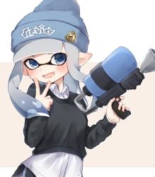 Rule 34 | 1girl, beanie, black shorts, blue hat, blunt bangs, blunt ends, brown sweater, clothes writing, collared shirt, commentary, dolphin shorts, fang, grey background, grey eyes, grey hair, hat, highres, holding, holding weapon, inkling, inkling girl, inkling player character, letterboxed, logo, long hair, long sleeves, looking at viewer, nintendo, octoshot (splatoon), open mouth, pointy ears, print headwear, shirt, short shorts, shorts, skin fang, smile, solo, splatoon (series), splatoon 2, sweater, symbol-only commentary, tentacle hair, v, weapon, white shirt, yuzutouhu ika