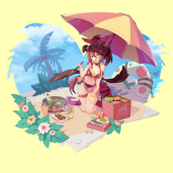 Rule 34 | 2girls, absurdres, bare shoulders, beach, bikini, blue sky, bow, bracelet, breasts, cleavage, closed eyes, cloud, crab, dragalia lost, dragon girl, dragon tail, eyewear on head, fairy, fairy wings, fang, fish, fish (food), flower, food, food request, fruit, hair between eyes, hair bow, hair flower, hair ornament, heart, heart in mouth, highres, jewelry, kneeling, kuonn, long hair, looking at viewer, medium breasts, multiple girls, mym (dragalia lost), navel, notte (dragalia lost), official style, open mouth, pink hair, ponytail, red eyes, red hair, sand, skin fang, sky, starfish, sunglasses, swimsuit, tail, tree, umbrella, watermelon, watermelon slice, wings