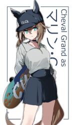 Rule 34 | 1girl, absurdres, animal ears, black skirt, boc&#039;z (umamusume), breasts, brown hair, character name, cheval grand (boc&#039;z) (umamusume), cheval grand (umamusume), choker, closed mouth, feet out of frame, green eyes, grey shirt, hat, highres, holding, holding skateboard, horse ears, horse girl, horse tail, iris league, long sleeves, looking at viewer, medium hair, miniskirt, multicolored hair, shirt, shirt tucked in, skateboard, skirt, small breasts, smile, solo, standing, streaked hair, tail, umamusume, white background