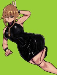 Rule 34 | 1girl, absurdres, arm behind head, armpits, black dress, braid, breasts, brown eyes, brown hair, clenched hand, dress, green background, hair over one eye, highres, leg up, looking to the side, mano (manobece), medium breasts, medusa gorgon, one eye covered, solo, soul eater, twin braids, wide hips, wrist cuffs